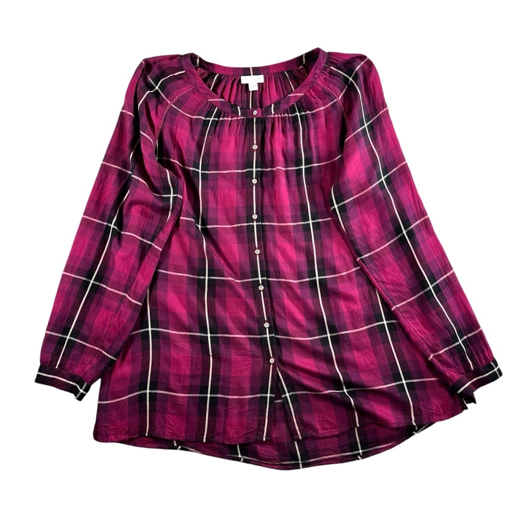 J.Jill Women's Long Sleeve Button Front Plaid Shirt Pink/Purple Size Medium